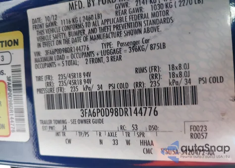 2013 Ford Fusion Titanium z USA, uszkodzony, nr VIN 3FA6P0D98DR144776